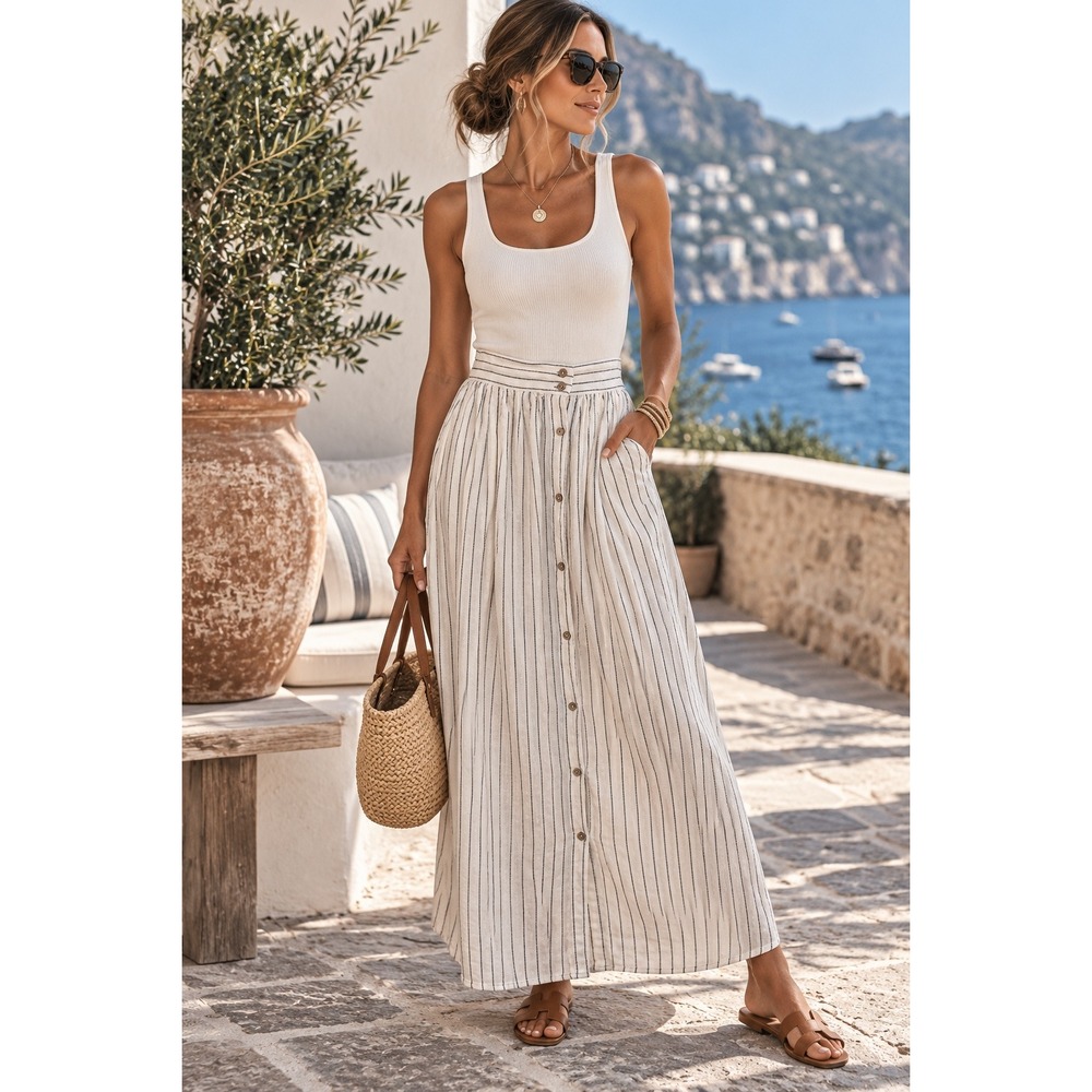 Rachel Zoe XS Linen Blend Striped Button Front Maxi Skirt Coastal Boho Vacation